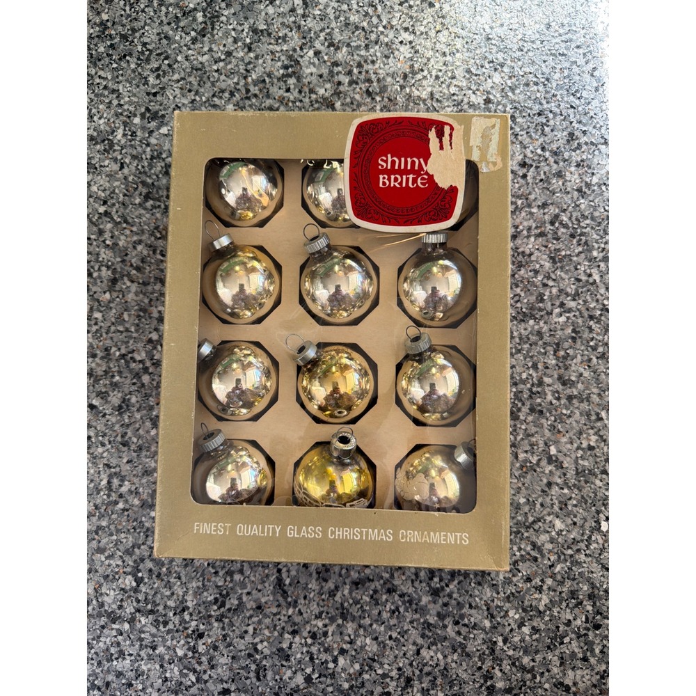Vintage Shiny Brite Glass Christmas Ornaments Set of 12 Silver Gold MCM Box